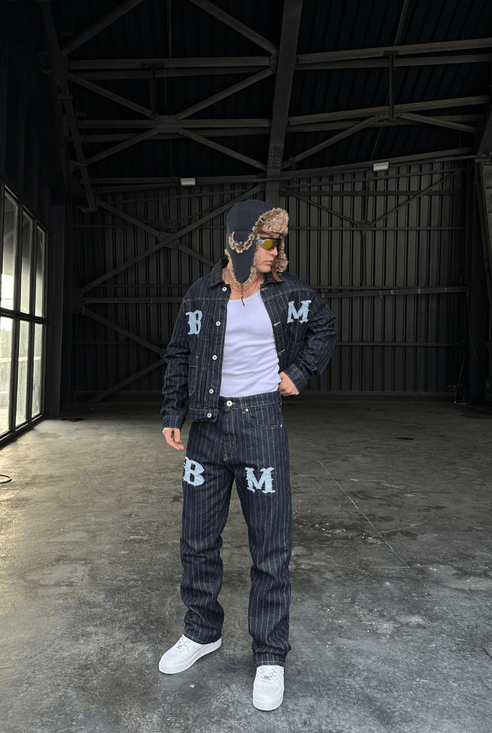 BM Nakışlı Çizgili Baggy Pantolon