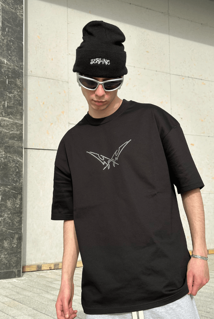 Skeleton Wing Taş Basklı Oversize T-shirt