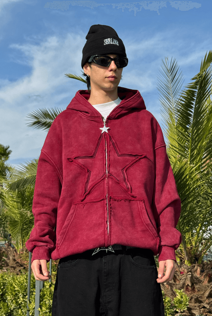 Premium Acid Wash Star Nakış Oversize Zip - Bordo