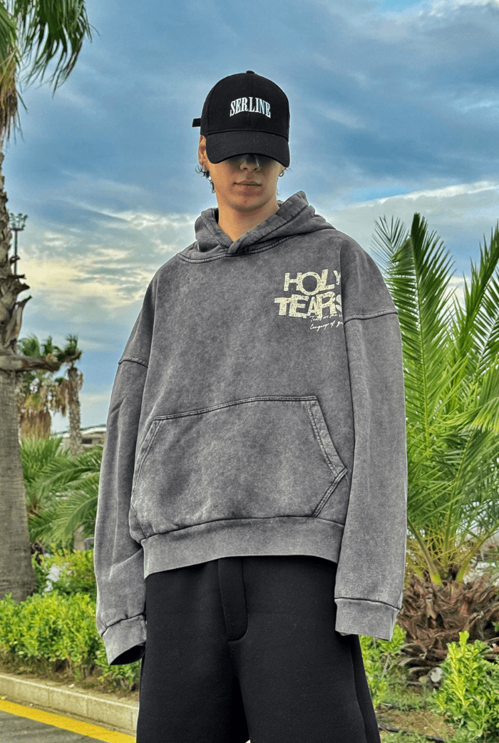 Premium Acid Wash Holly Tears Baskılı Hoodie