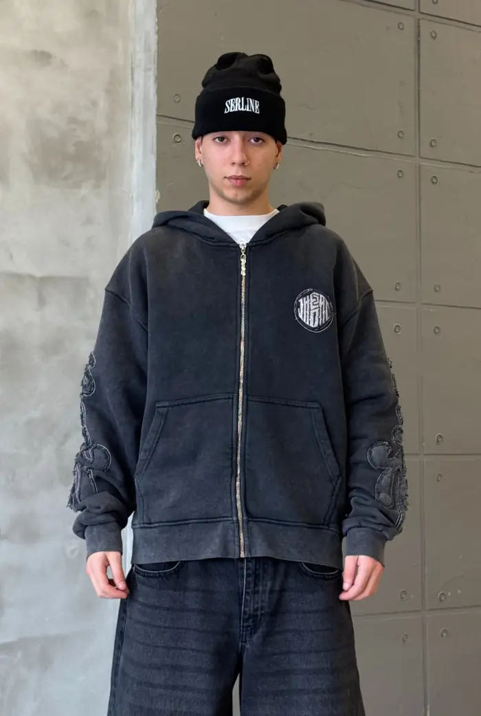 Kol Nakışlı Acid Wash Oversize Zip