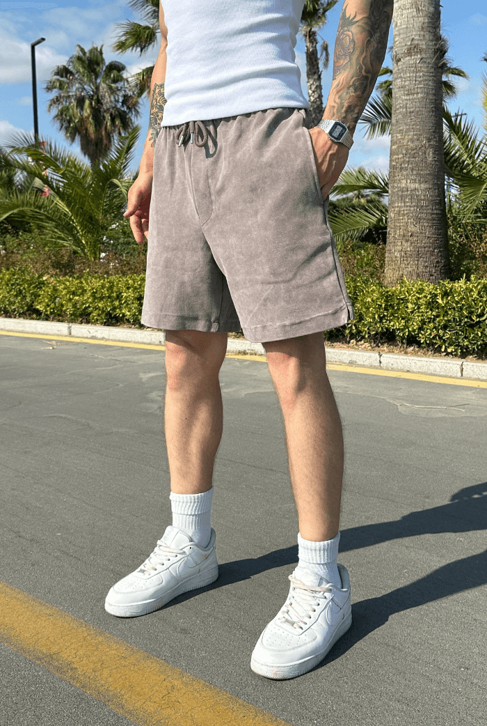 Basic Yıkamalı Oversize Şort - Kahverengi