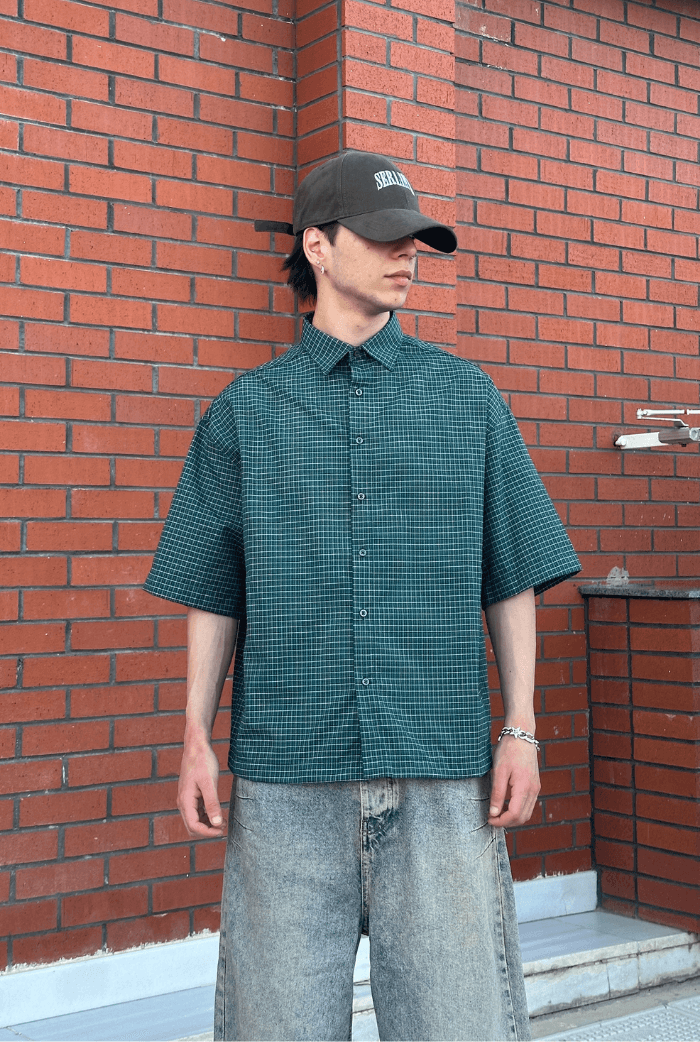 Ekose  Desenli Boxy Fit Premium Oversize Gömlek - Yeşil