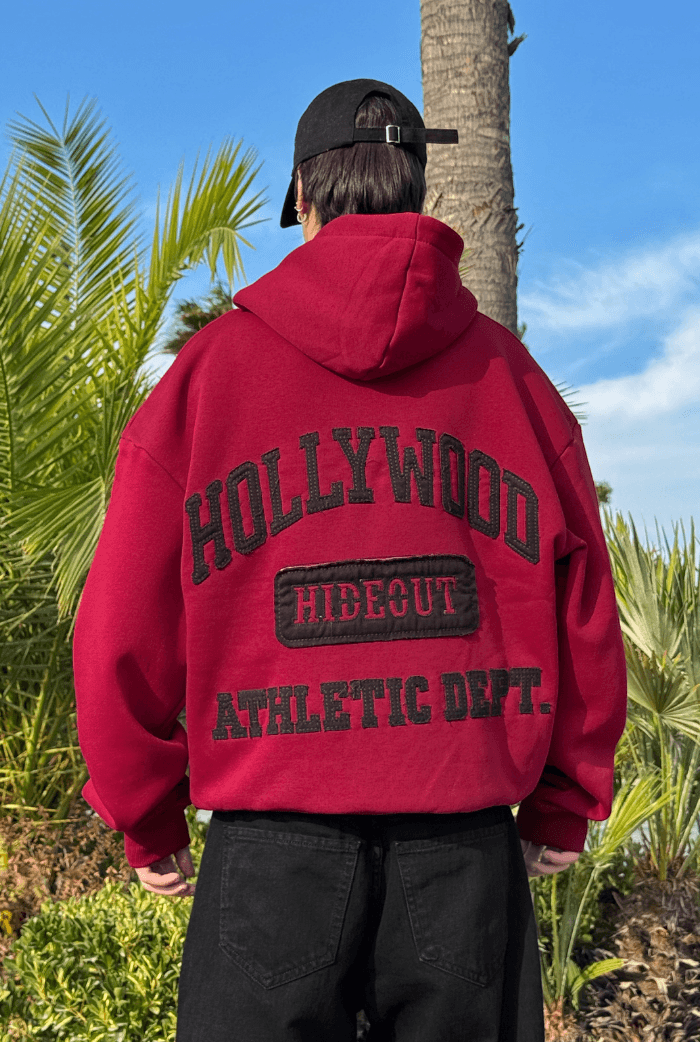 Premium Hollywood Nakış Oversize Hoodie - Bordo