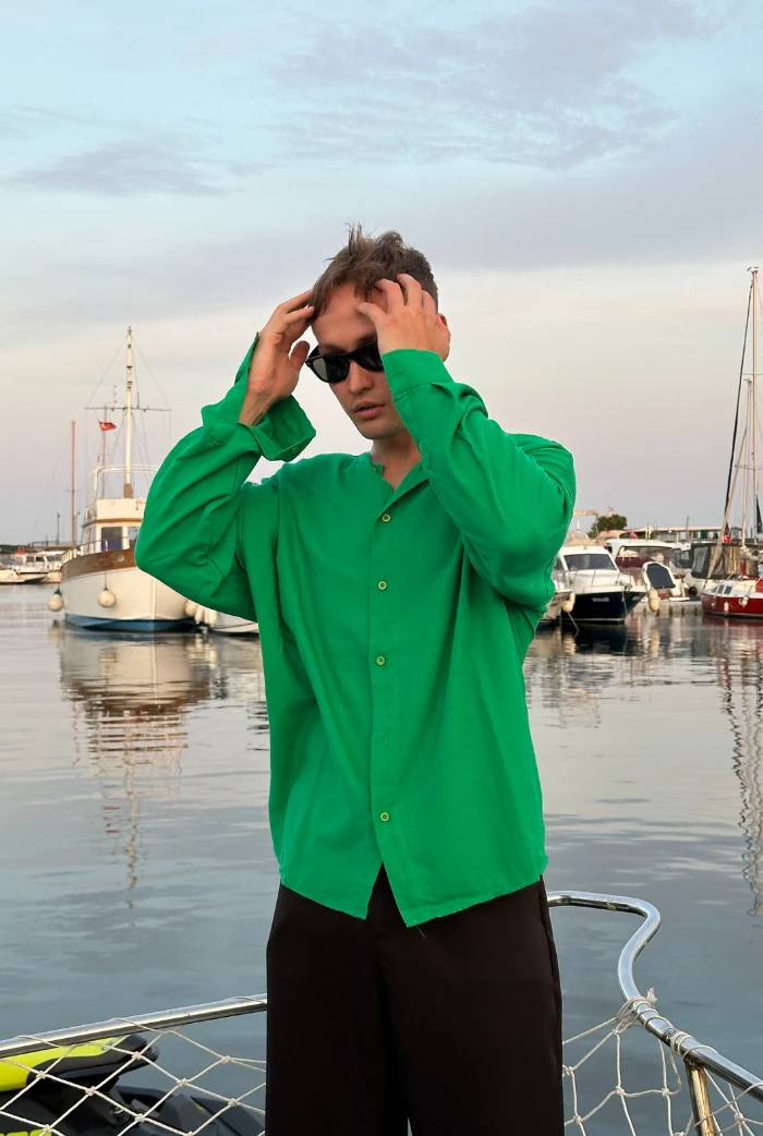 Basic Yakasız Oversize Keten Gömlek