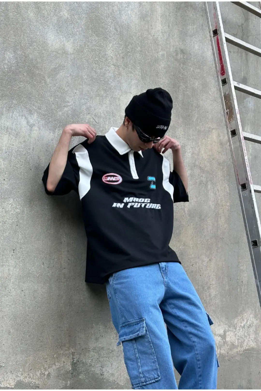 Polo Yaka Nakış Baskılı Siyah Oversize T-shirt