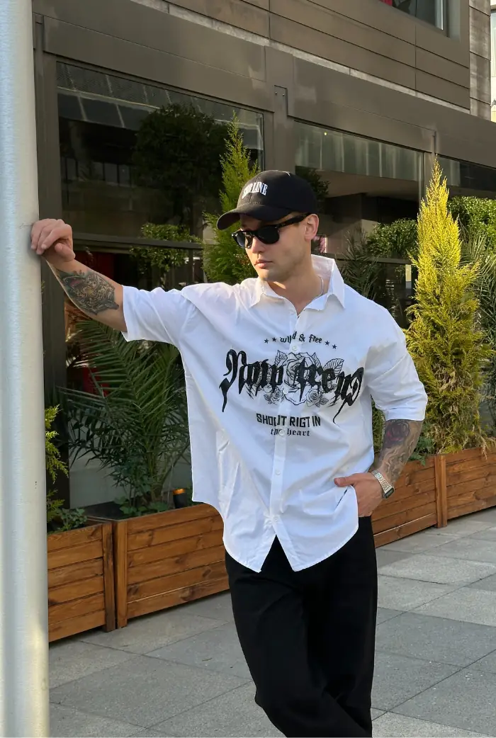 Wild & Free Baskılı Kabartma Detay Premium Oversize Gömlek