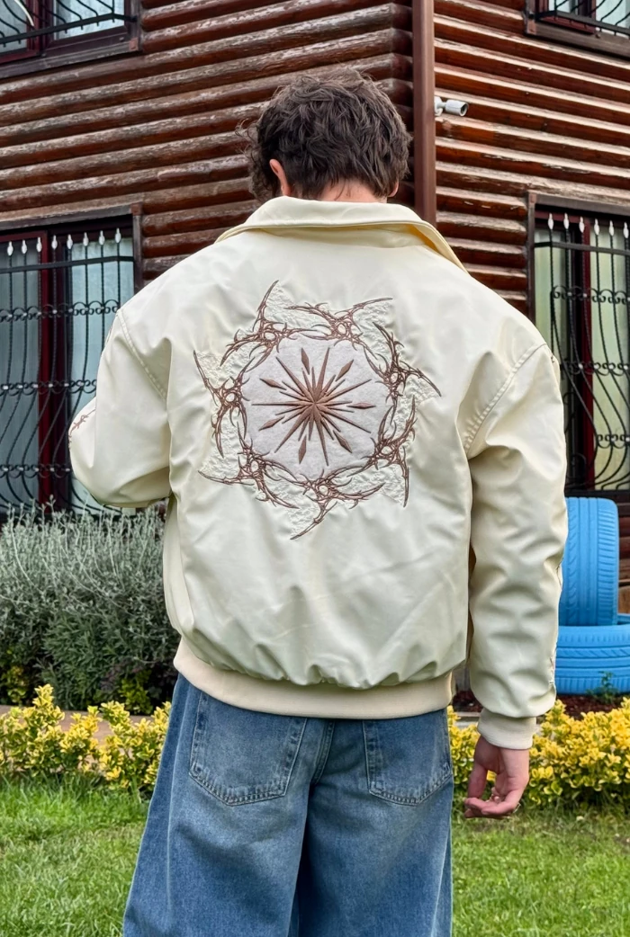 Premium Nakış Detaylı Bomber Oversize Deri Ceket - Bej