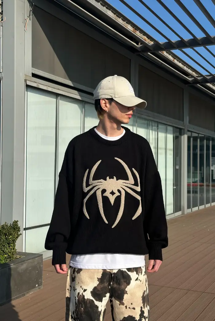 Spider Baskılı Oversize Premium Kazak