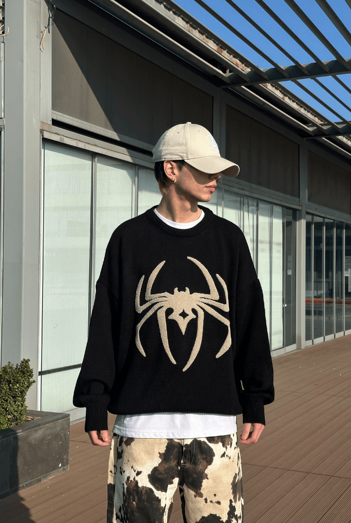 Spider Baskılı Oversize Premium Kazak