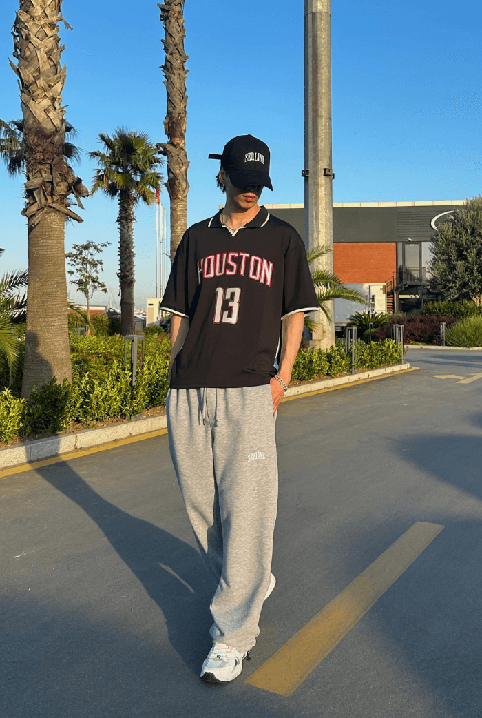 Houston Baskılı Polo Yaka Premium Oversize Jersey