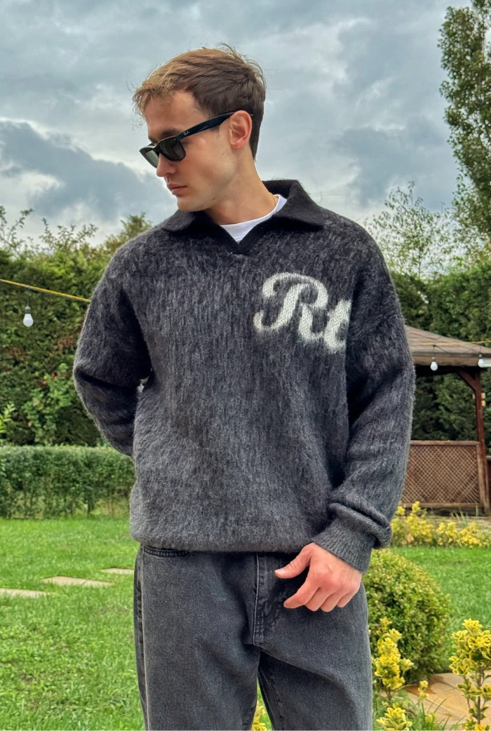 Polo Yaka RTR Baskılı Oversize Premium Kazak