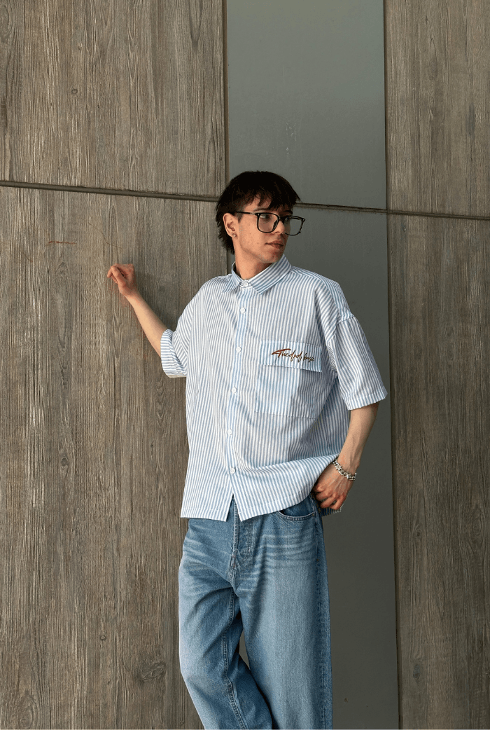 Premium Oversize Çizgili Nakışlı Gömlek - Beyaz / Lacivert