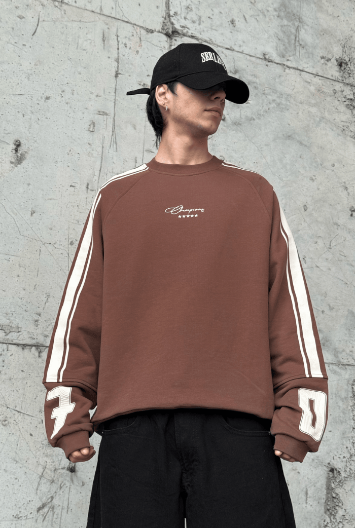 07 Kollar Şerit Detaylı Oversize Sweatshirt - Kahverengi