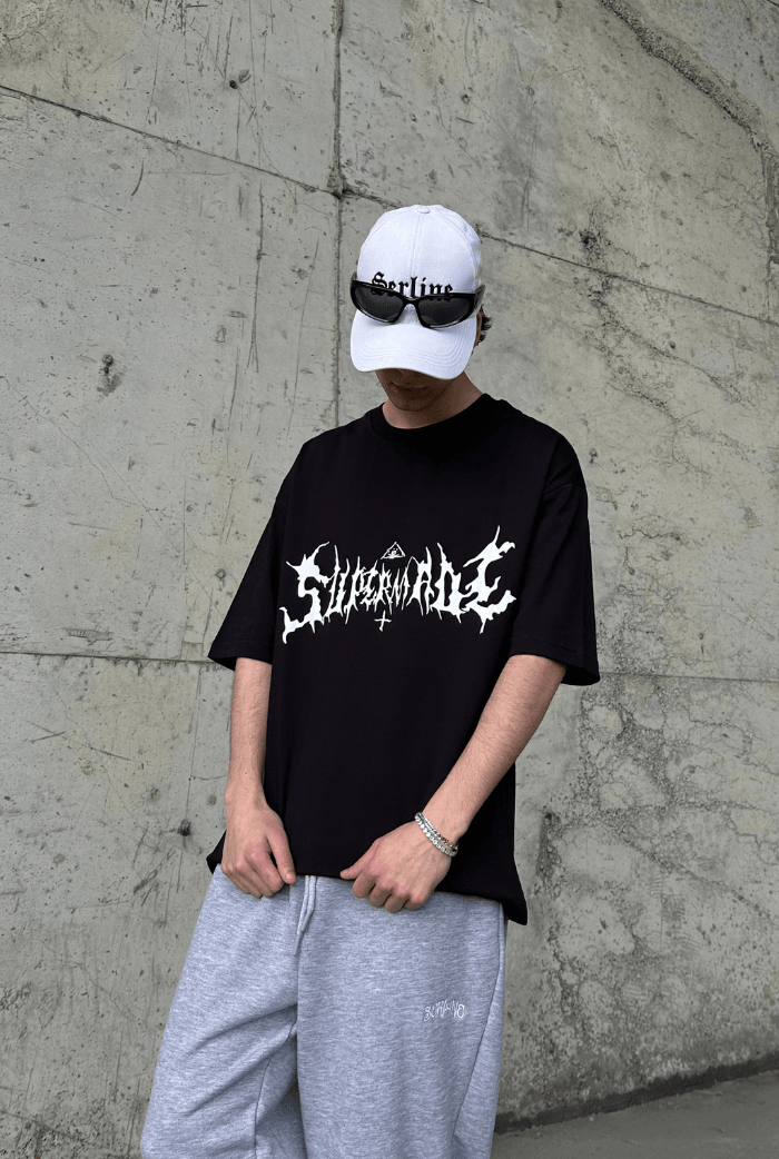 Baskılı Siyah Oversize T-shirt