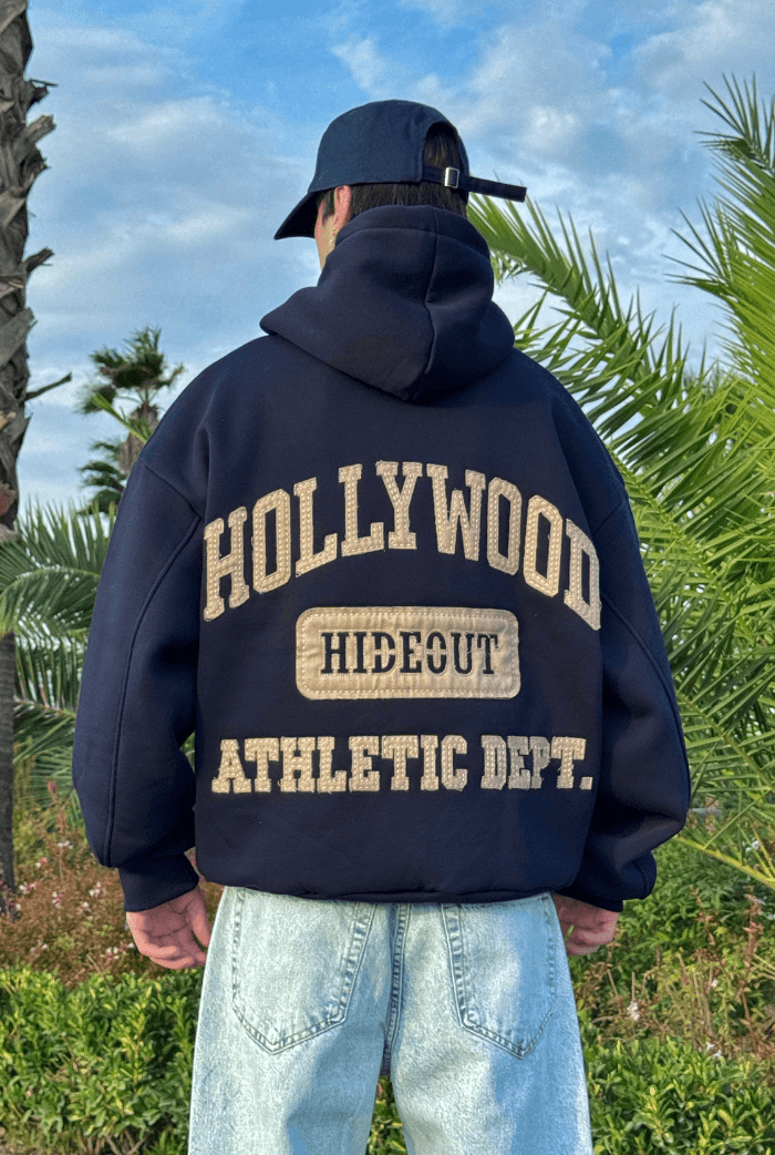 Premium Hollywood Nakış Oversize Hoodie - Lacivert