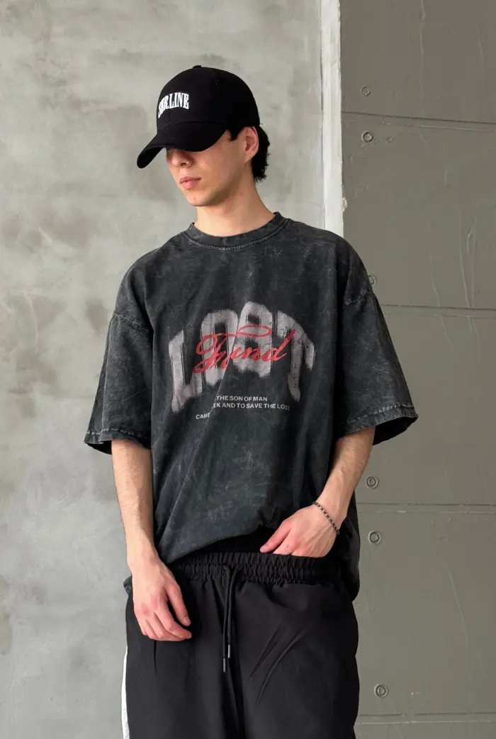 Lost Baskılı Acid Wash Oversize T-shirt