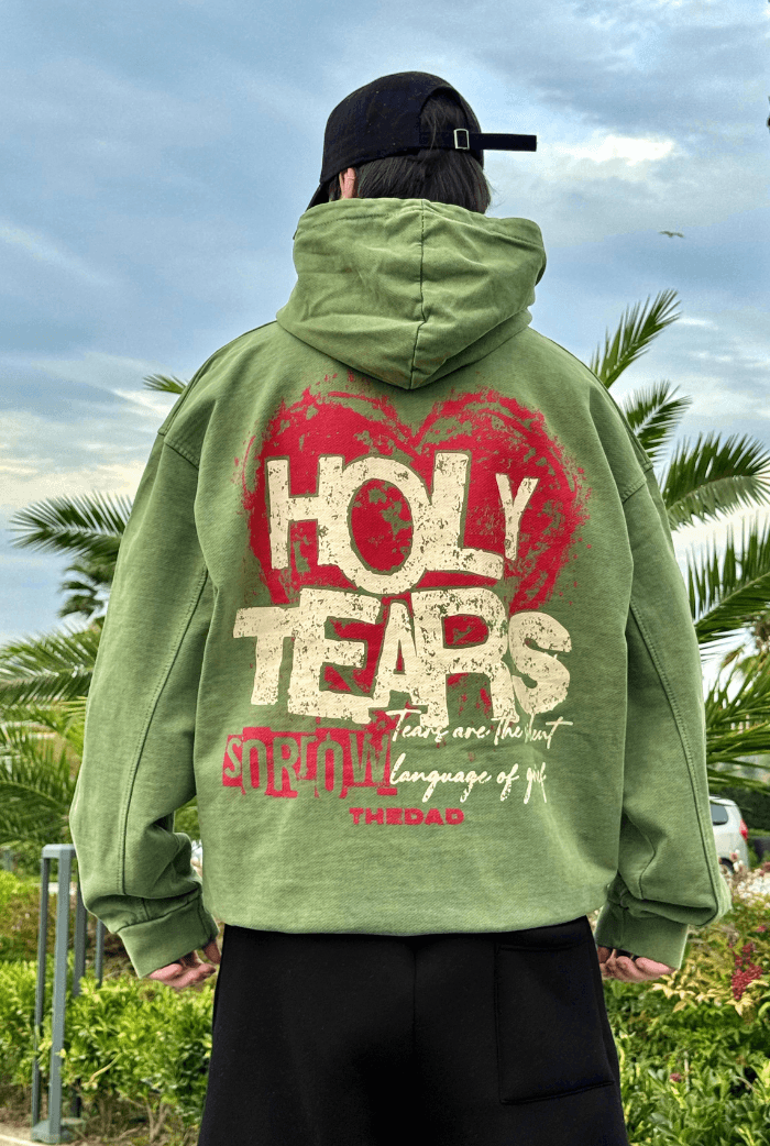 Premium Acid Wash Holly Tears Baskılı Hoodie - Yeşil