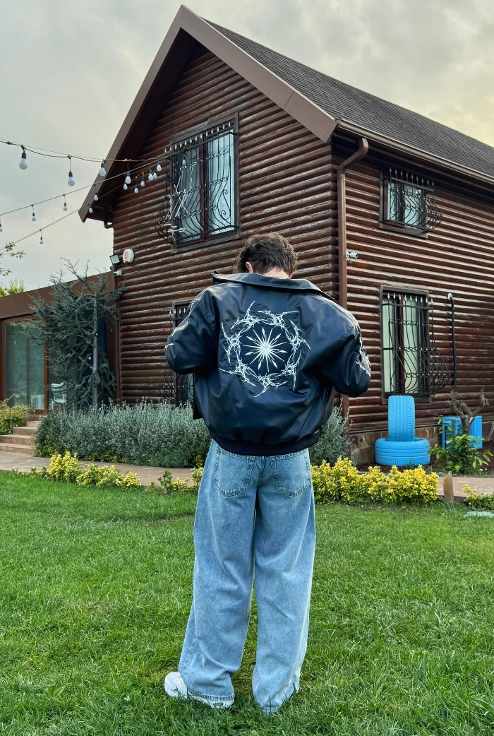 Premium Nakış Detaylı Bomber Oversize Deri Ceket