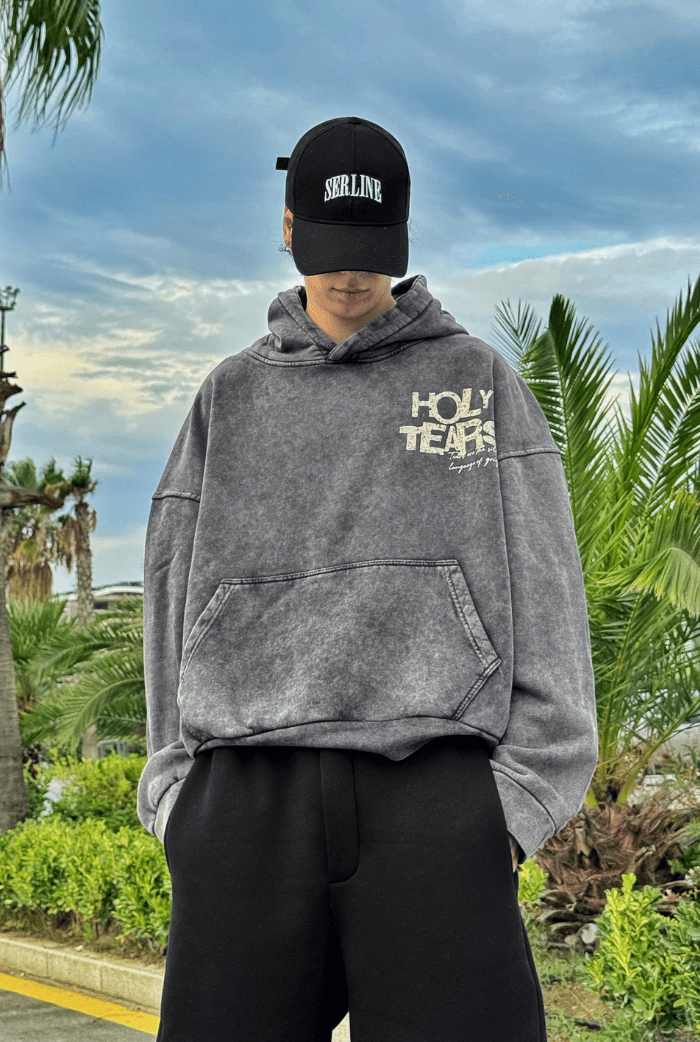 Premium Acid Wash Holly Tears Baskılı Hoodie