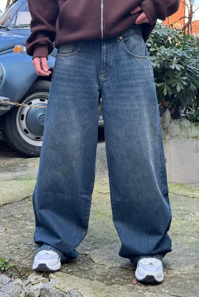 Mavi Sarımsı Taşlama Super Baggy Pantolon