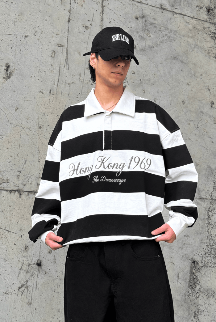 Premium Çizgili Polo Yaka Oversize Sweatshirt