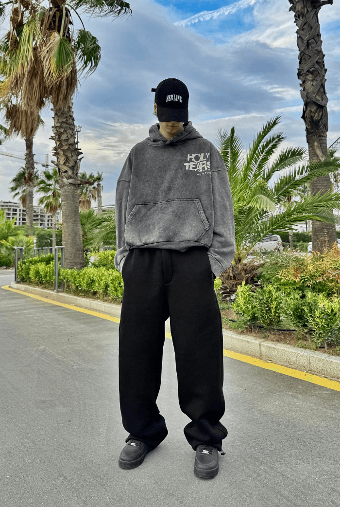 Premium Acid Wash Holly Tears Baskılı Hoodie