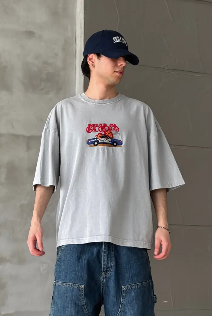 Police Car Baskılı Acid Wash Oversize T-shirt