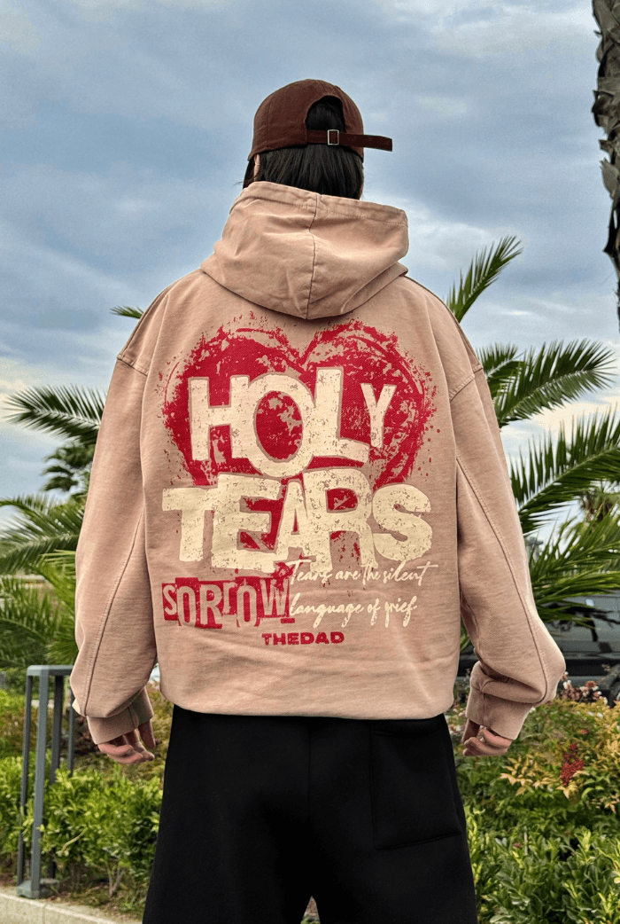 Premium Acid Wash Holly Tears Baskılı Hoodie - Bej