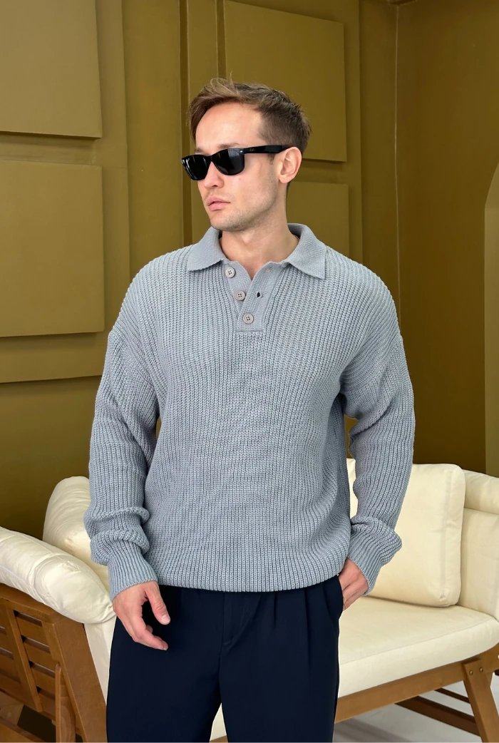 Polo Yaka Oversize Kazak - Gri