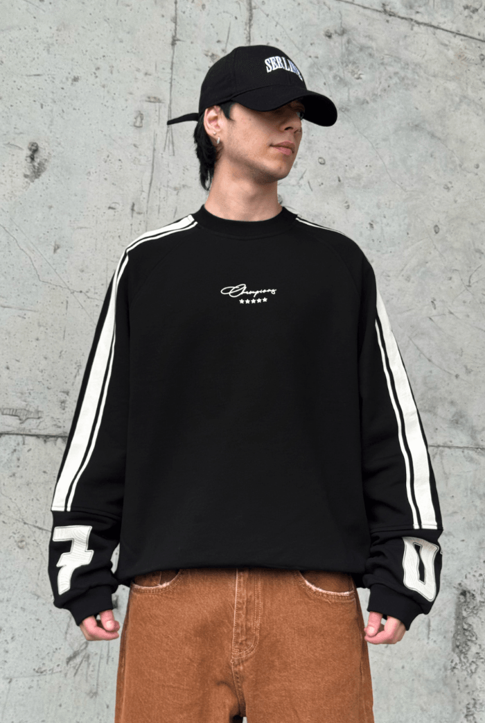 07 Kollar Şerit Detaylı Oversize Sweatshirt - Siyah