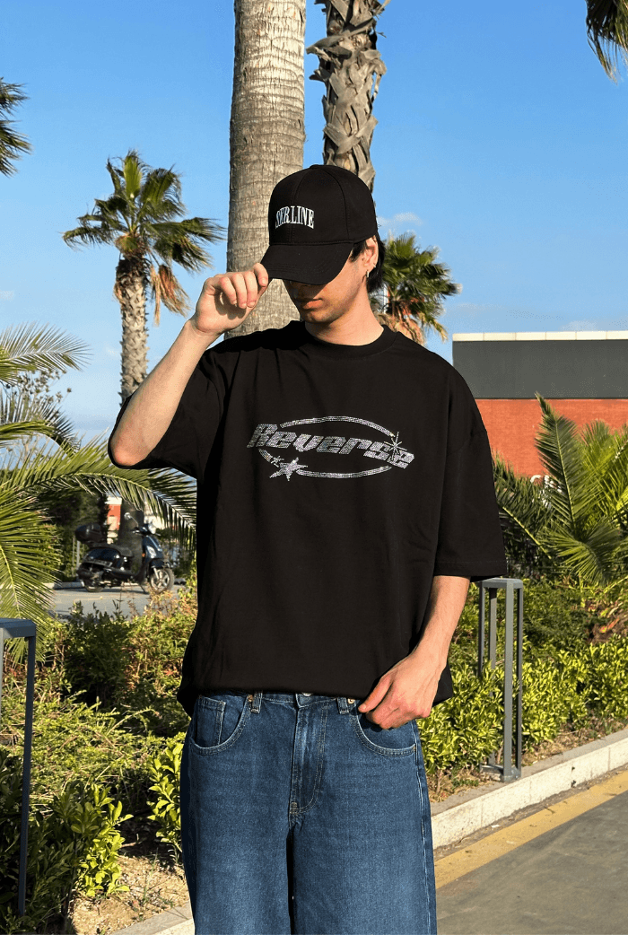 Reverse Taş Baskılı Oversize Premium Tişört