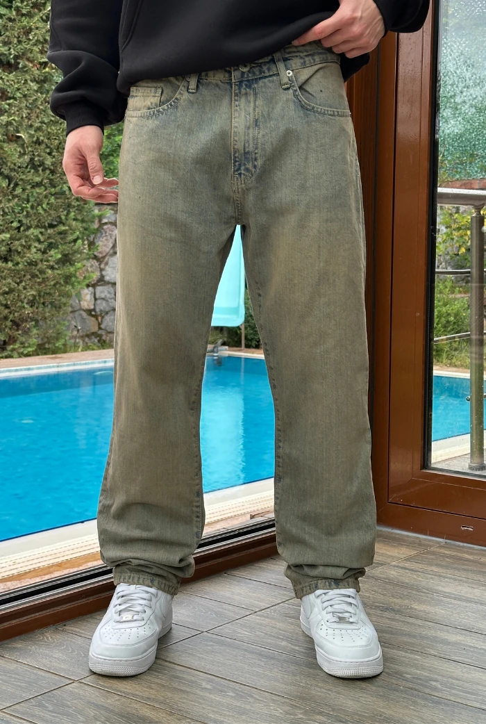Sarımsı Asit Yıkama Baggy Pantolon
