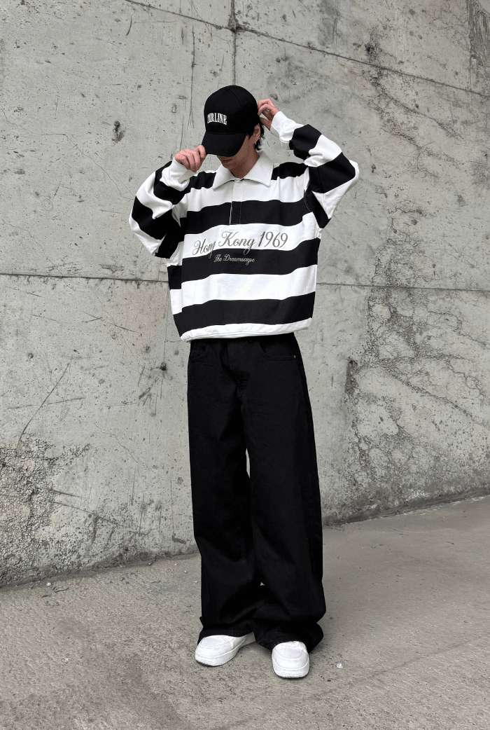 Premium Çizgili Polo Yaka Oversize Sweatshirt