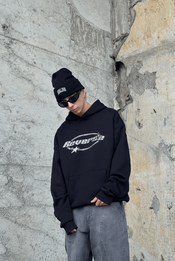 Reverse Taş Baskılı Oversize Hoodie