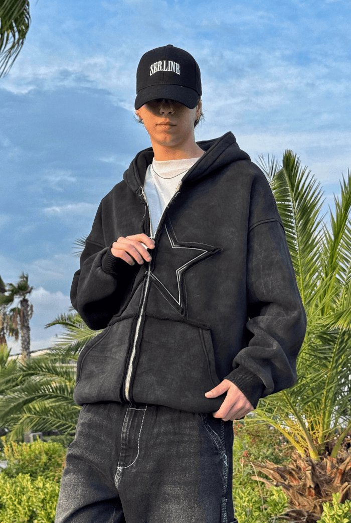Premium Acid Wash Star Nakış Oversize Zip