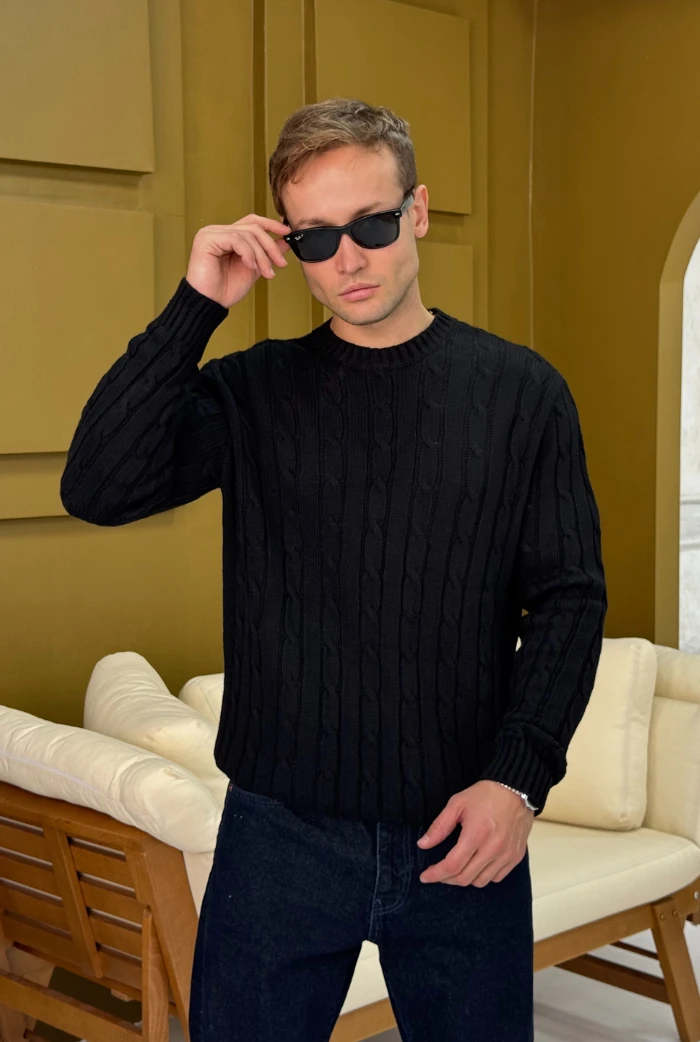 Saç Örgü Kazak - Siyah