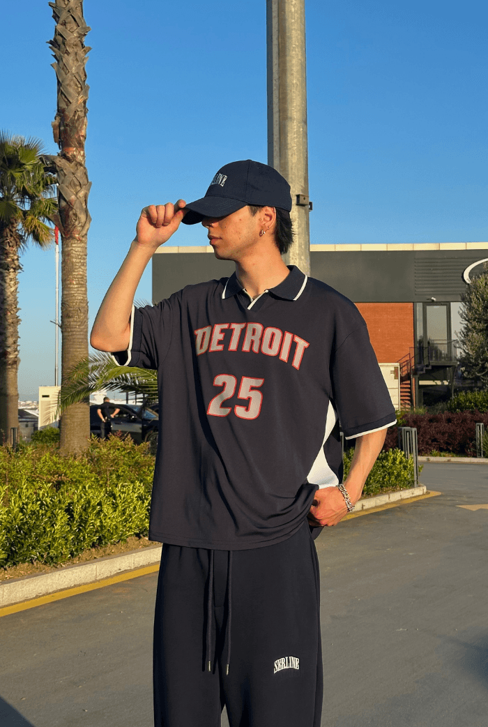 Detroit Baskılı Polo Yaka Premium Oversize Jersey