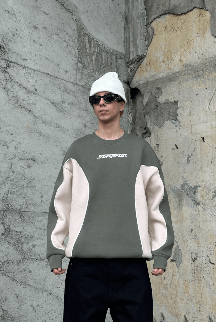 Haki-Bej Yamalı Oversize Sweatshirt