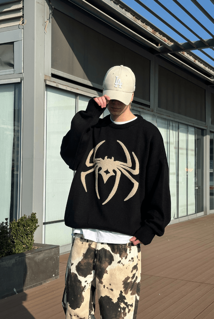 Spider Baskılı Oversize Premium Kazak