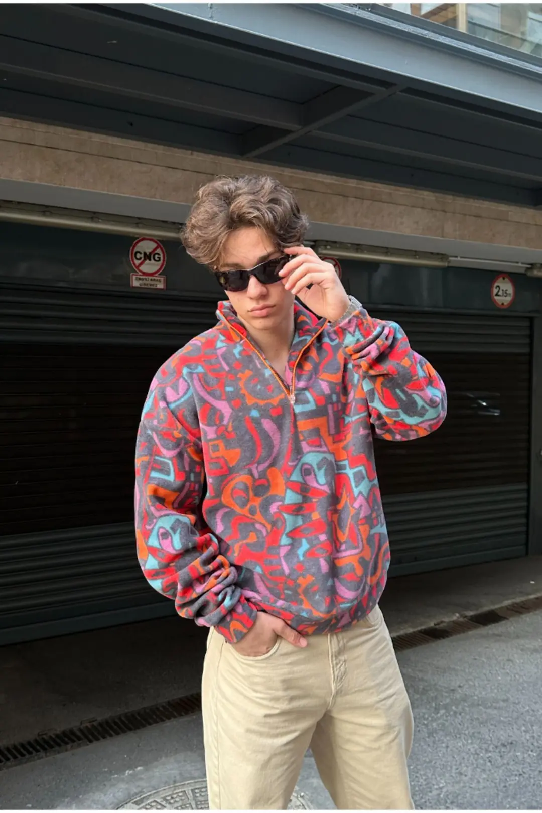 Etnik Desen Oversize Half Zip Polar