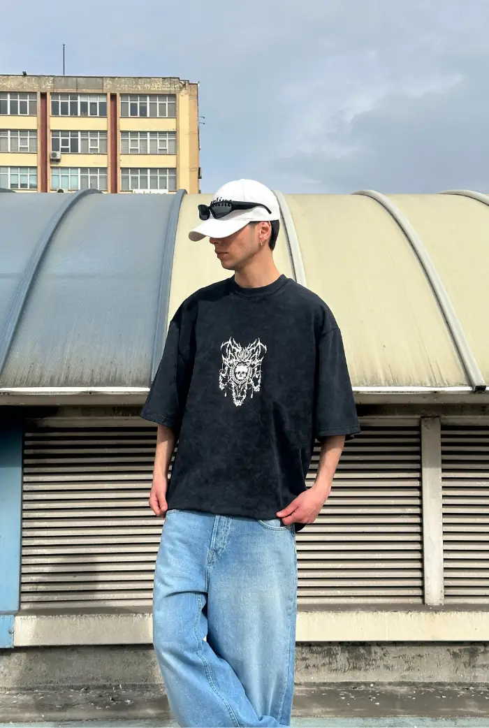 Nakışlı Acid Wash Oversize T-shirt