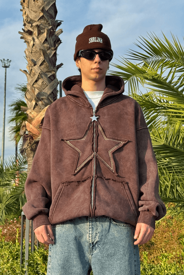 Premium Acid Wash Star Nakış Oversize Zip - Kahverengi