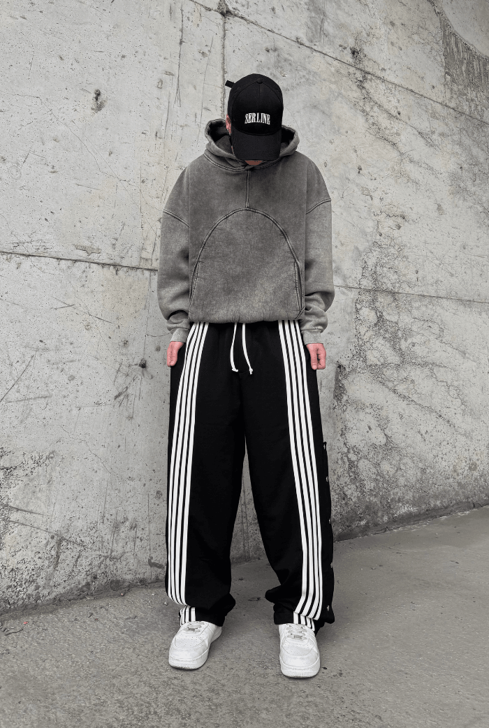 Çizgili Düğme Detaylı Baggy Eşofman