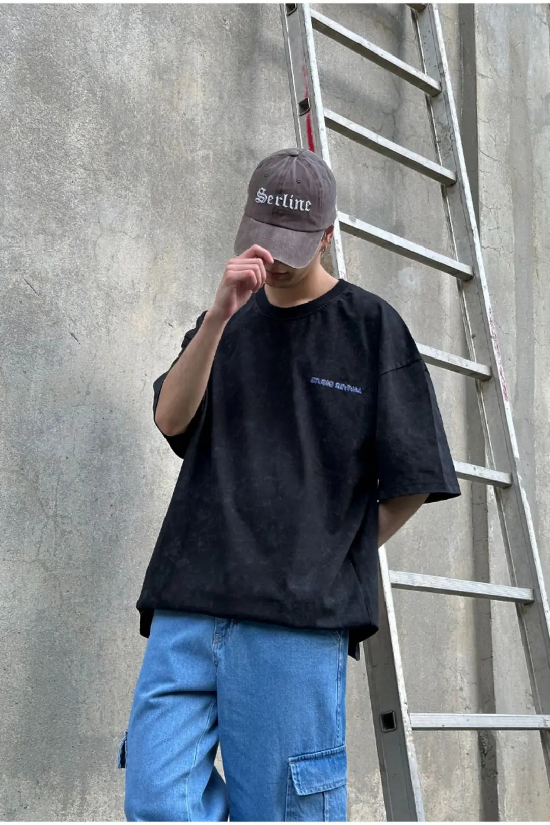 Acid Wash Studio Revival Nakış Baskılı Oversize T-shirt