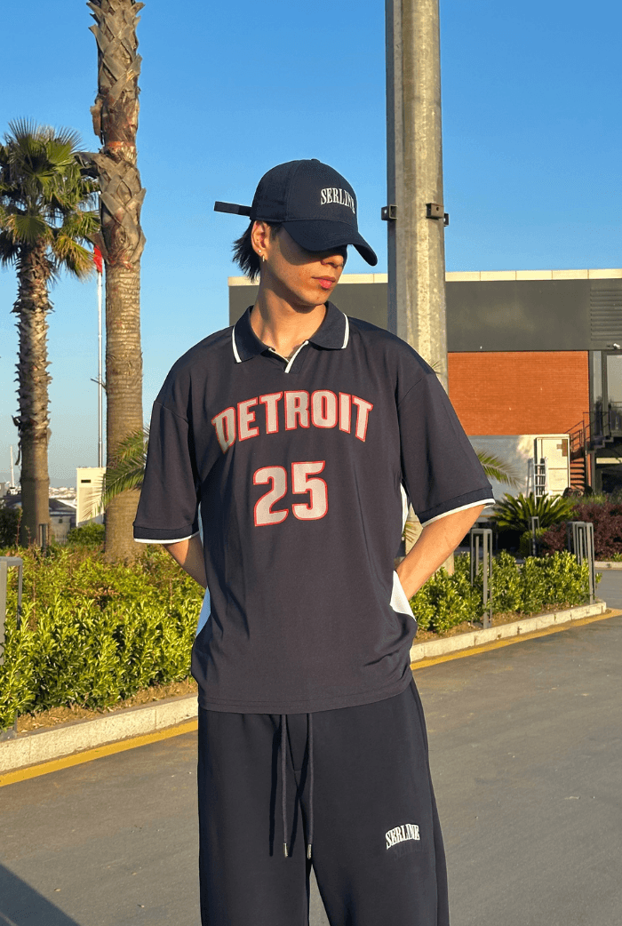 Detroit Baskılı Polo Yaka Premium Oversize Jersey