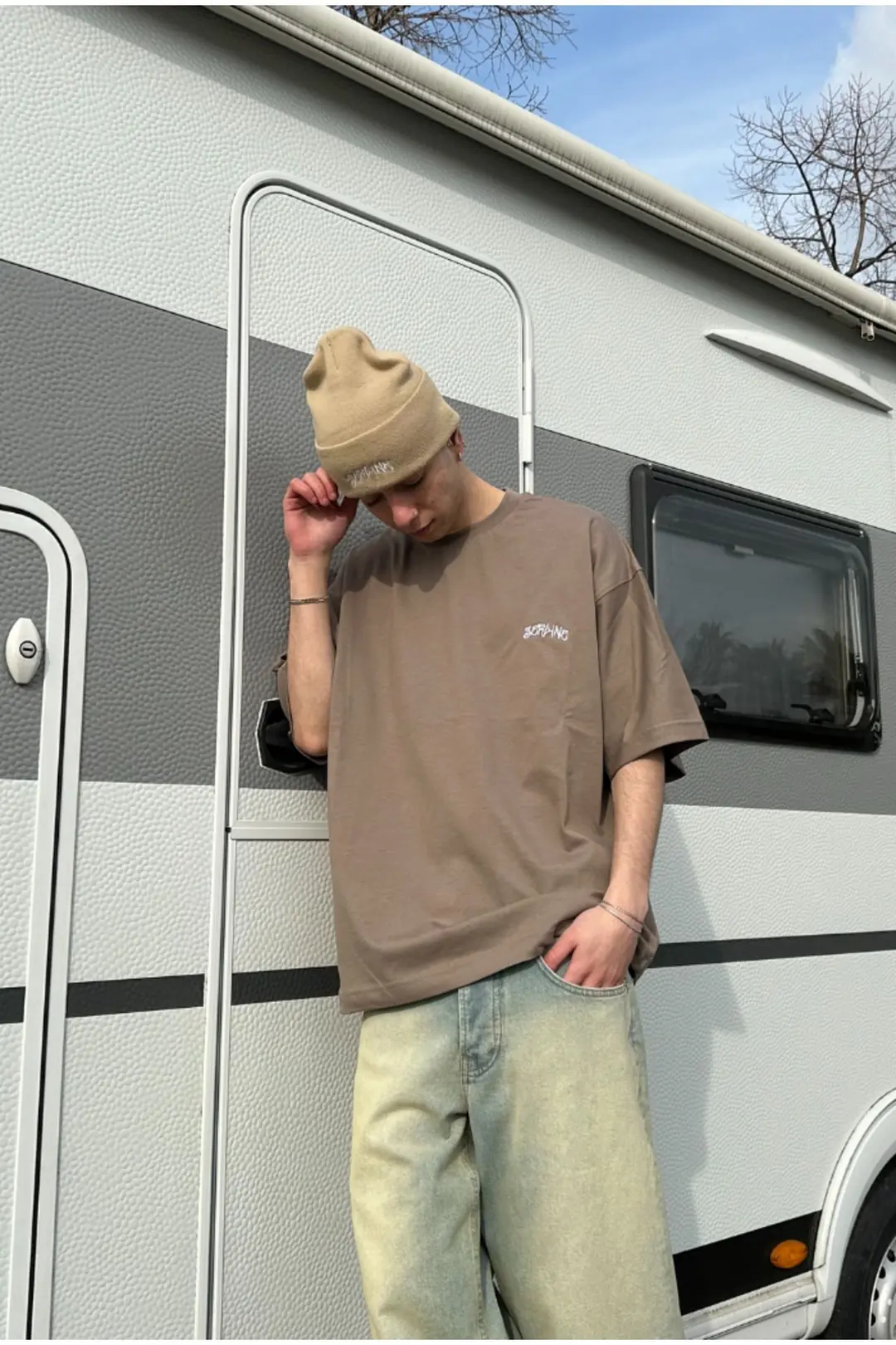 Nakış Basic Açık Kahve Oversize T-shirt