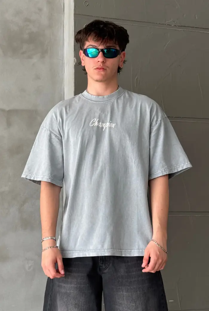 Champion Baskılı Acid Wash Oversize T-shirt