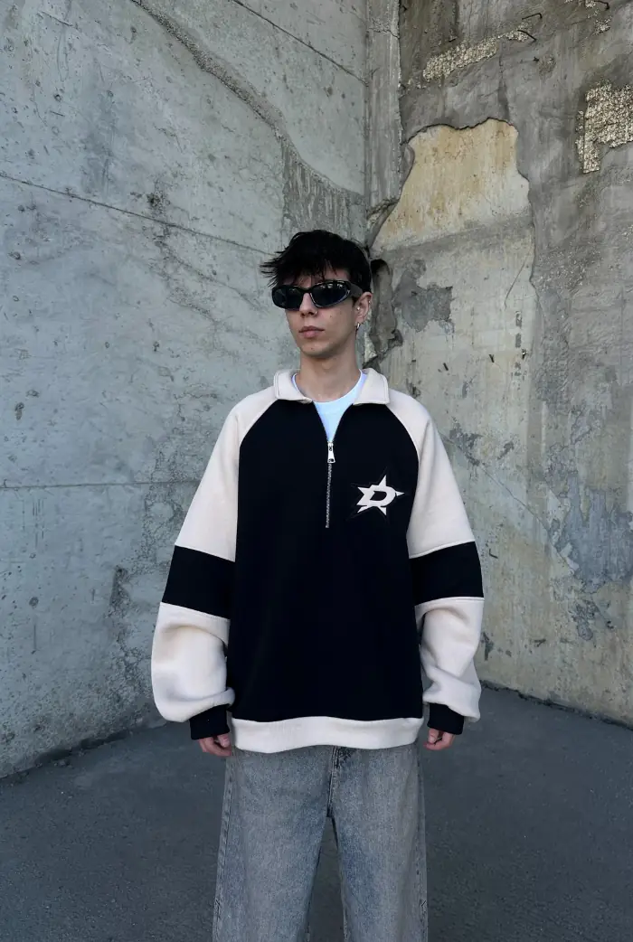 Yarım Fermuar Nakış Baskılı Oversize Sweatshirt