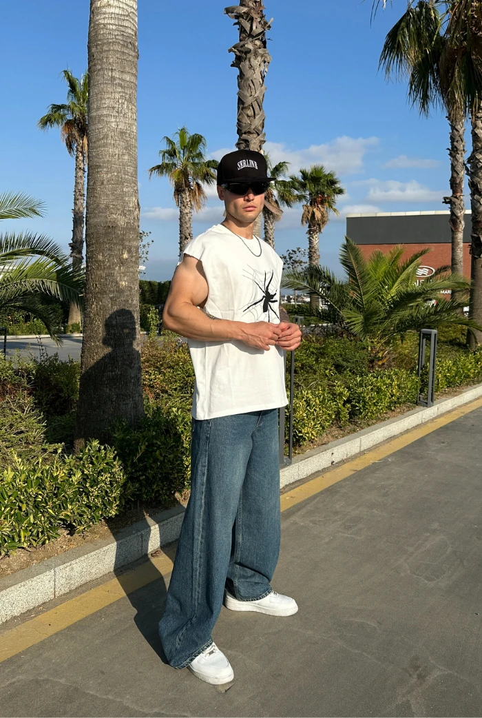 Spider Baskılı Oversize Kolsuz Tişört